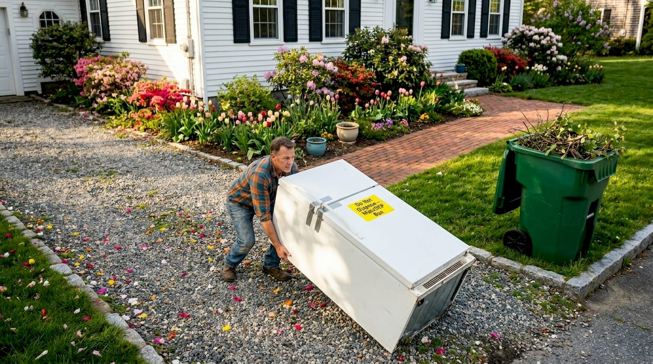 Homeowner moving banned refrigerator to curb