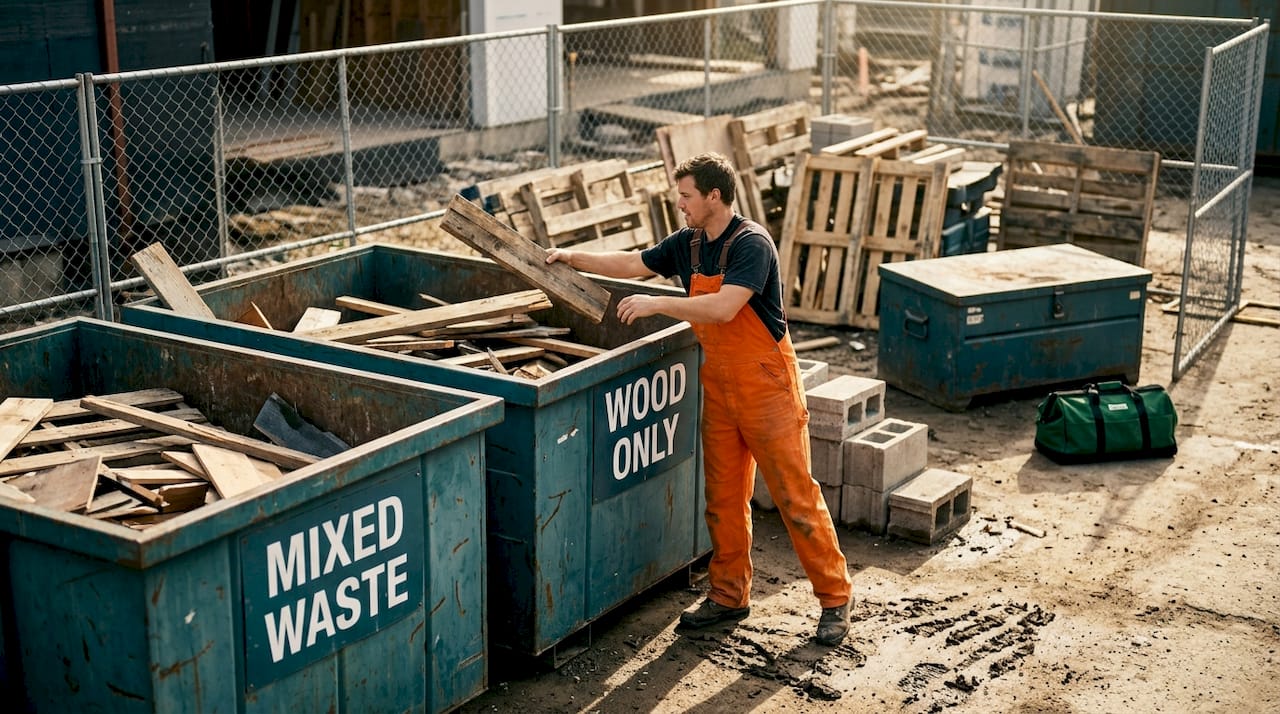 Worker sorting wood into labeled dumpster