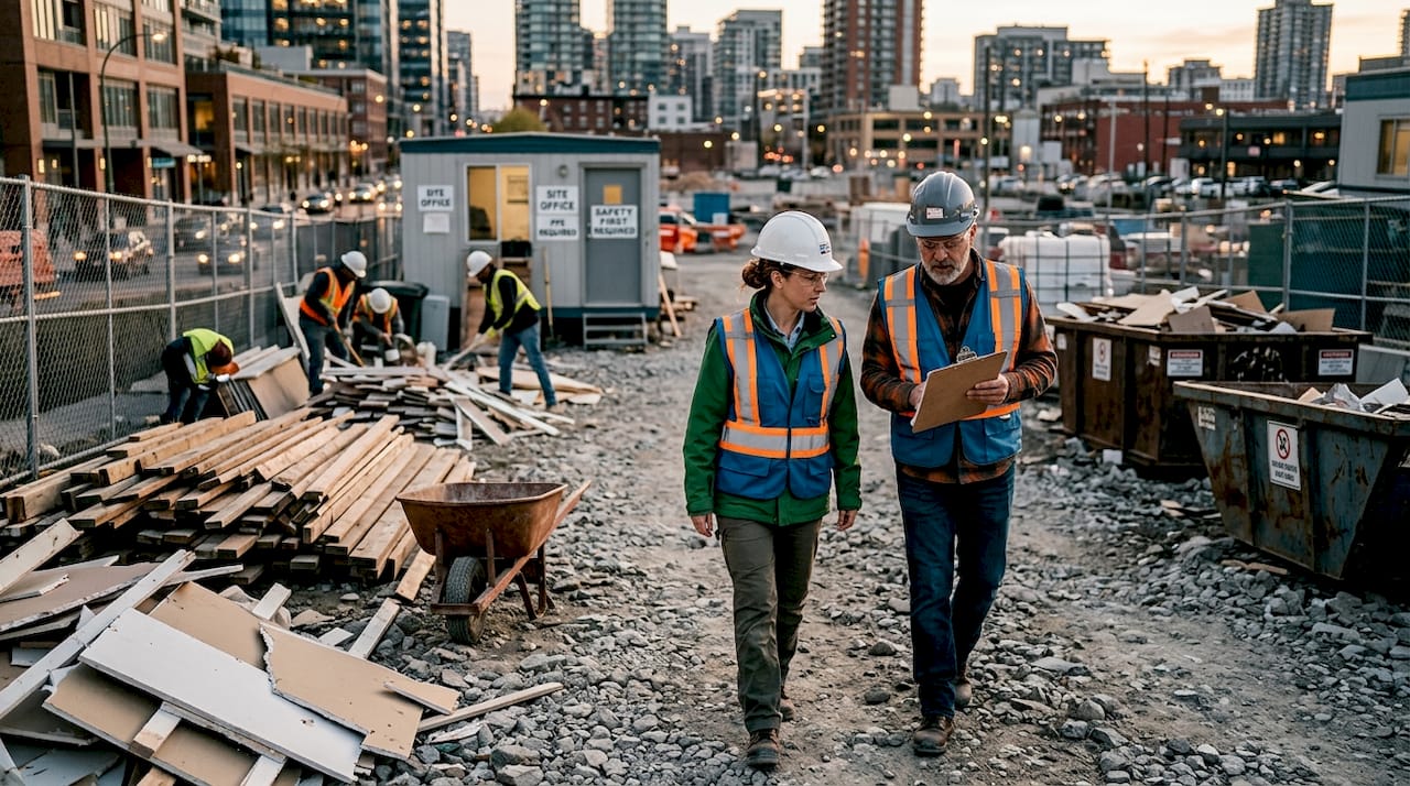 Supervisors reviewing construction site waste area