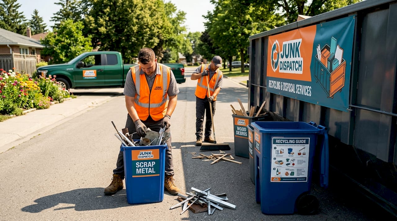 Workers sort and load recycling construction debris