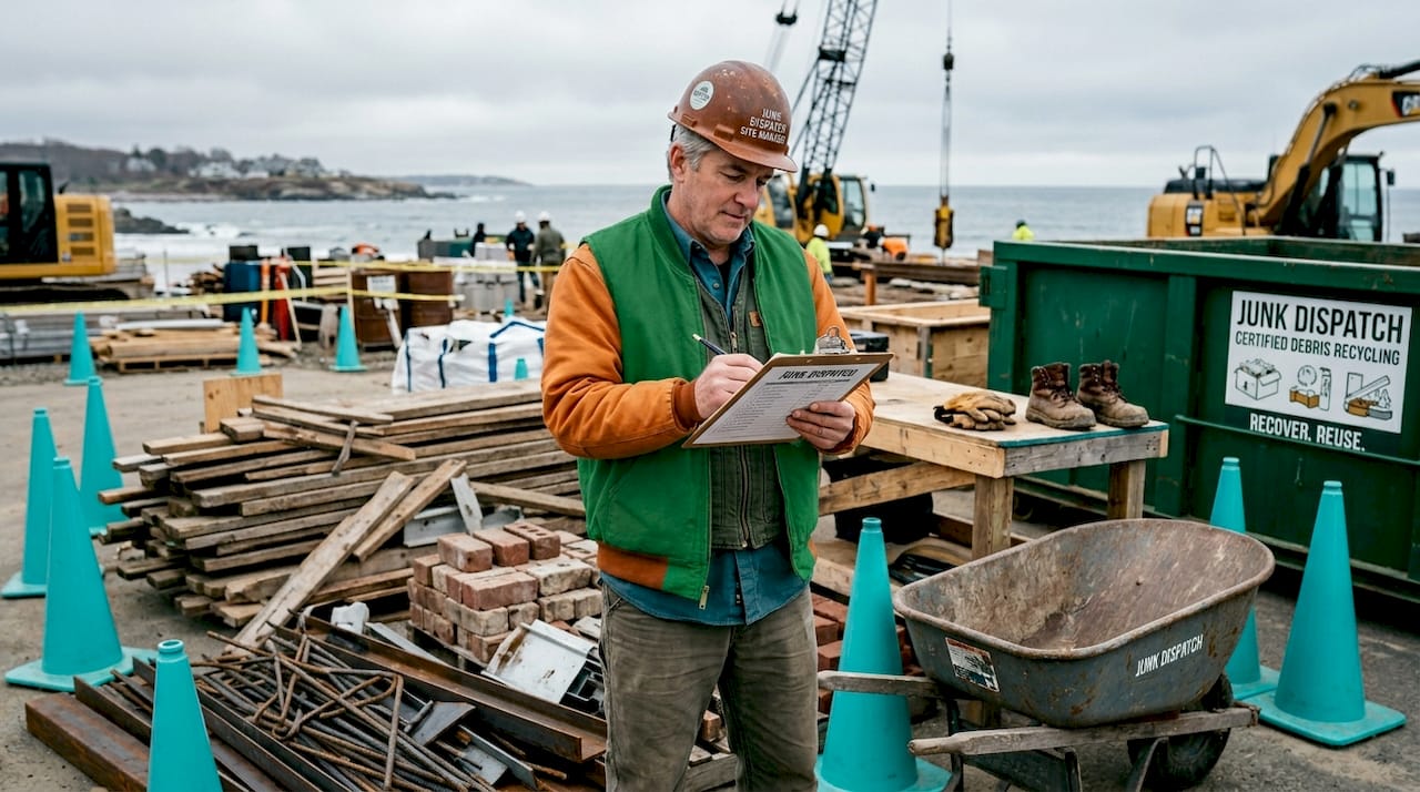 Site manager sorting construction debris for recycling