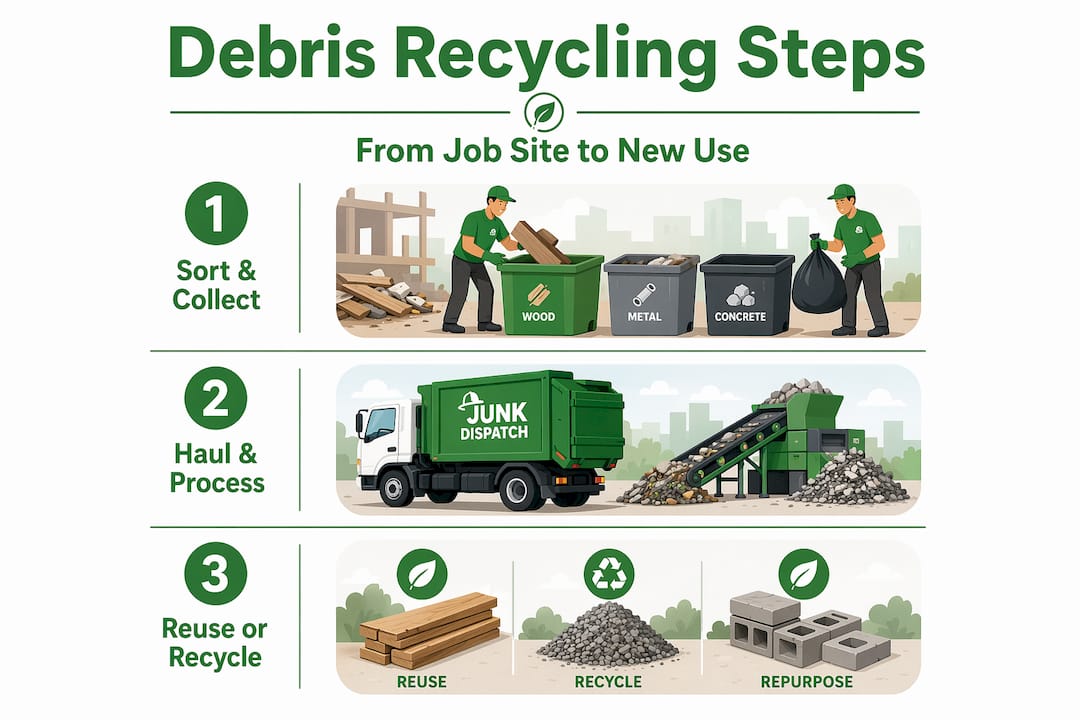 Debris recycling process shown in three-step flow