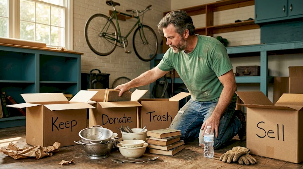 Man sorts belongings into labeled boxes