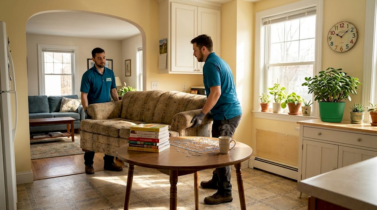 Junk removal crew clearing sofa in home