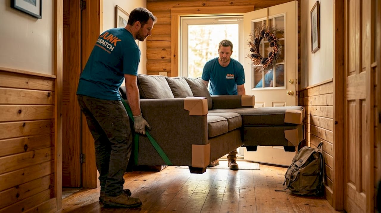 Hauling crew moving sofa through hallway