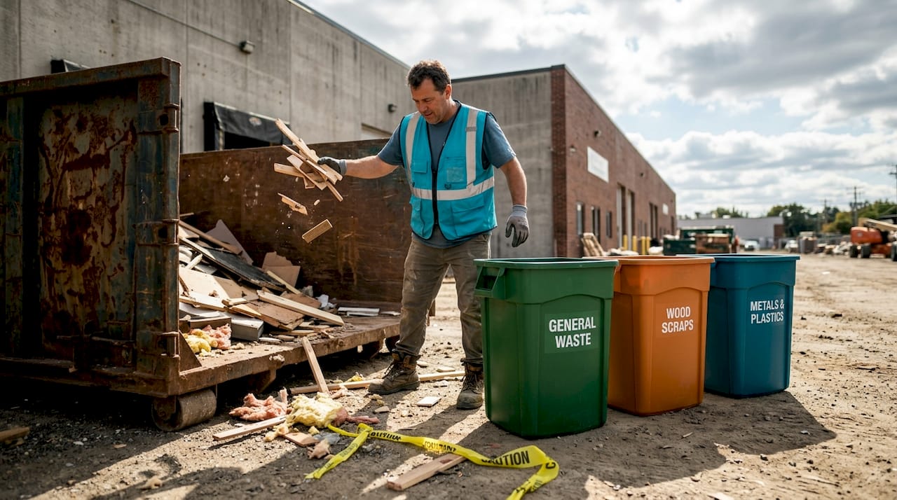 Worker manages demolition debris near dumpster