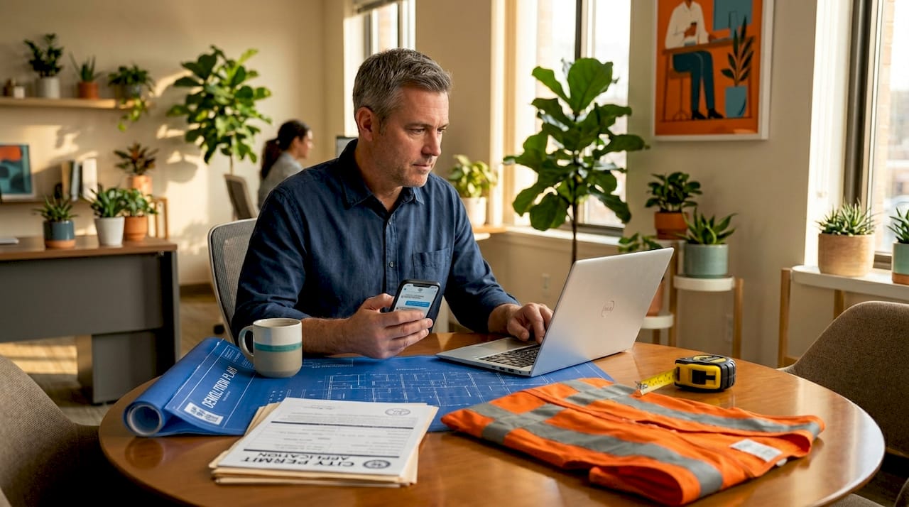 Project manager reviews demolition paperwork in office