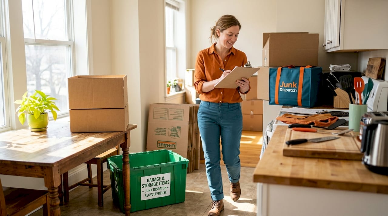 Property manager inspects cluttered rental living room