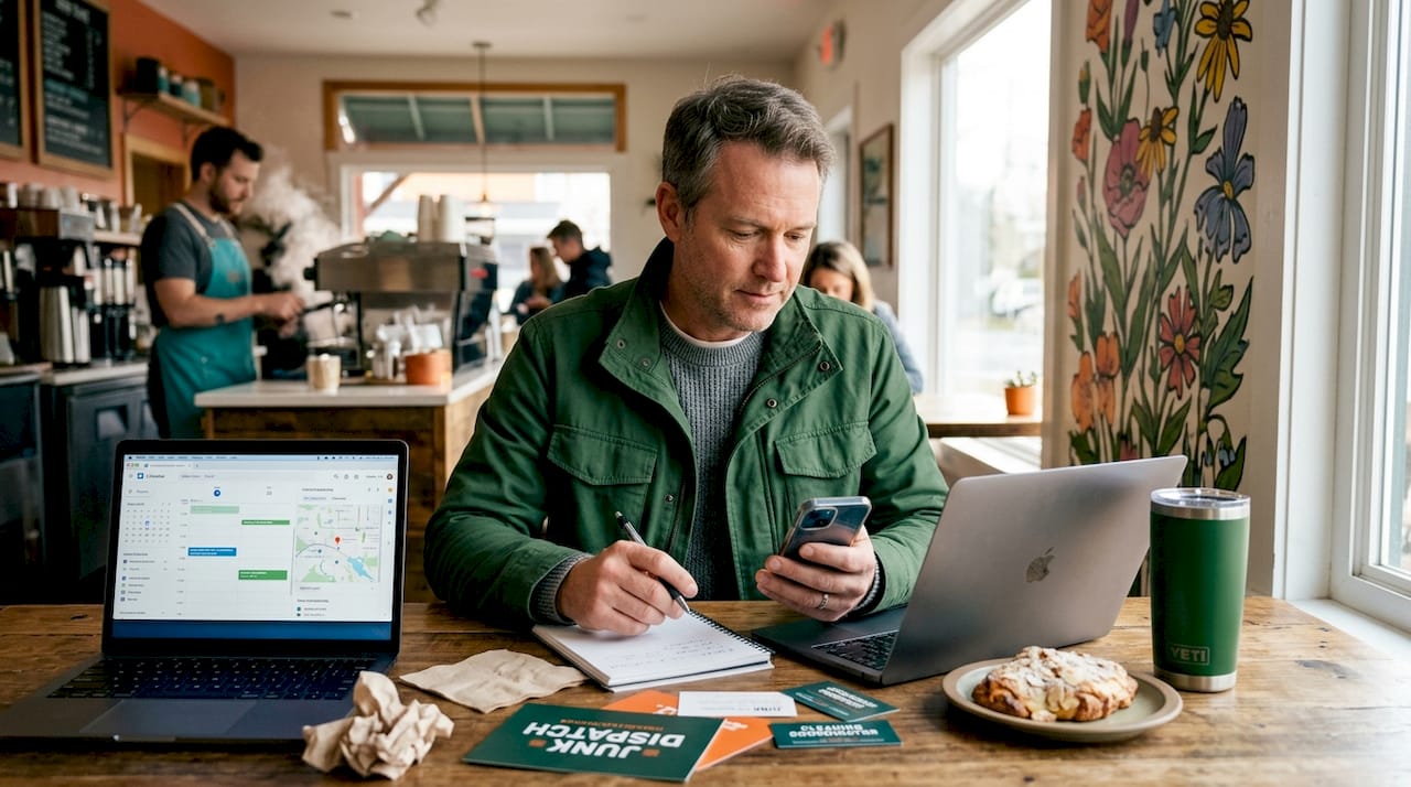 Manager arranges vendors at cluttered kitchen table