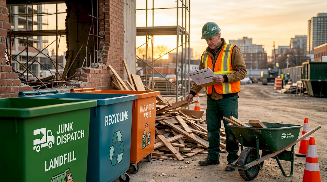 Contractor inspecting labeled waste bins on site