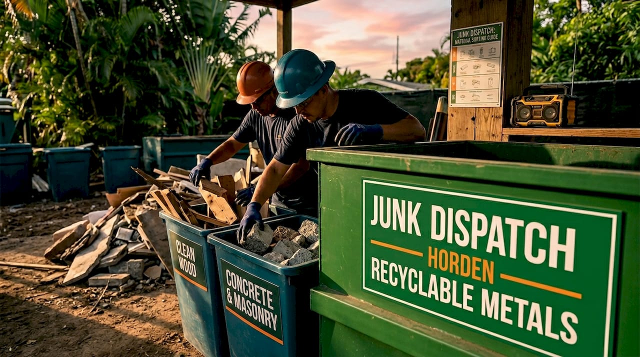 Workers sorting construction materials on site
