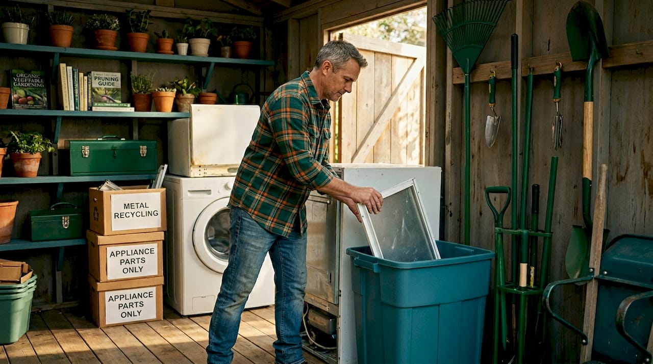 Man recycling old household appliances in garage