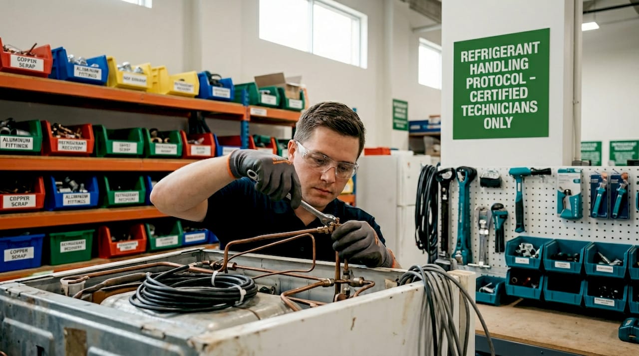 Worker safely removing refrigerant from refrigerator