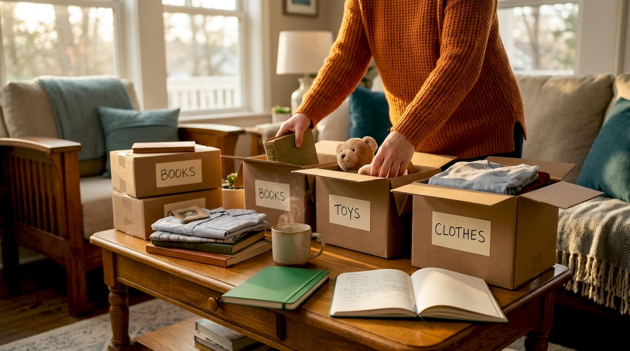 Hands sorting junk into labeled boxes on kitchen table