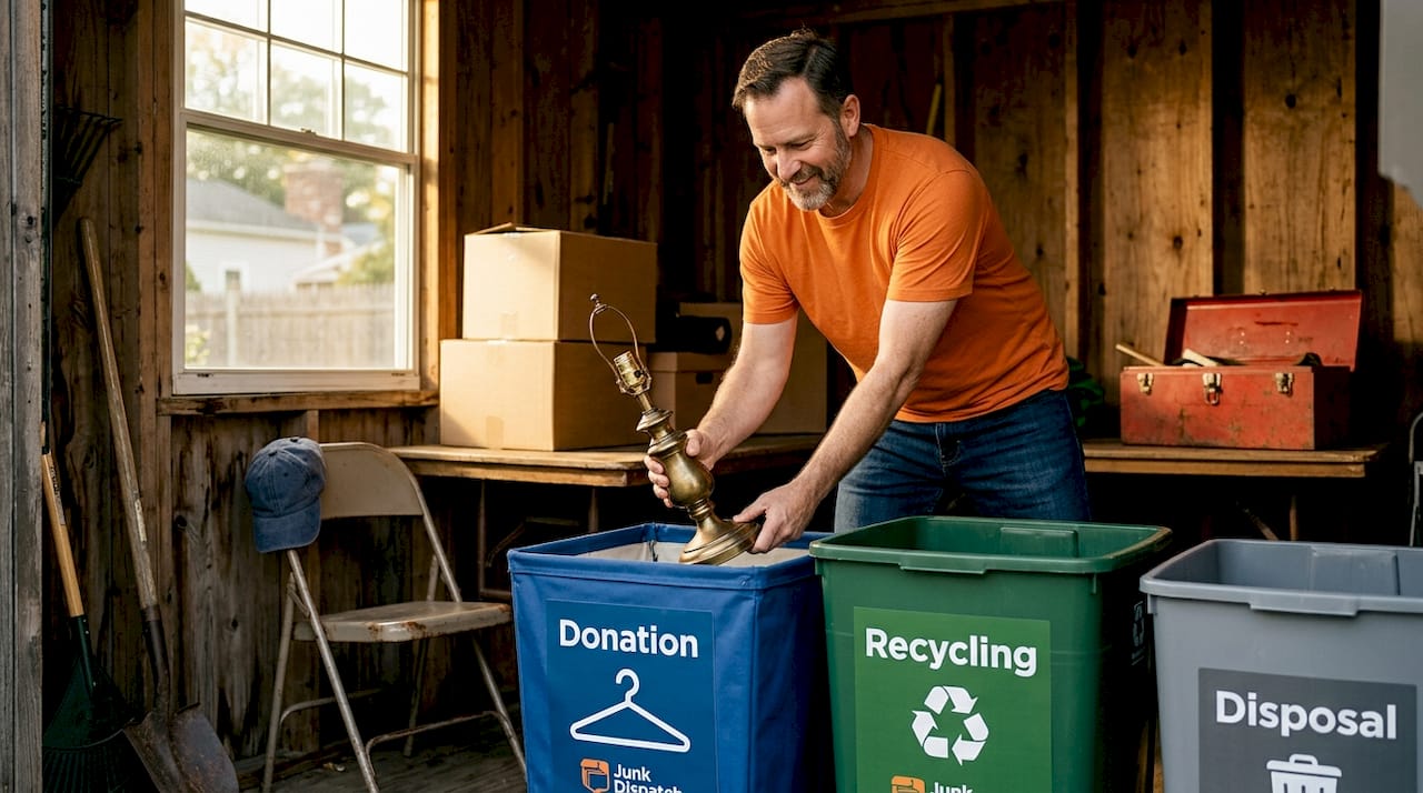 Homeowner sorting junk into bins in garage