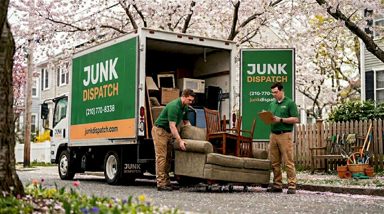 Junk removal truck unloading household items