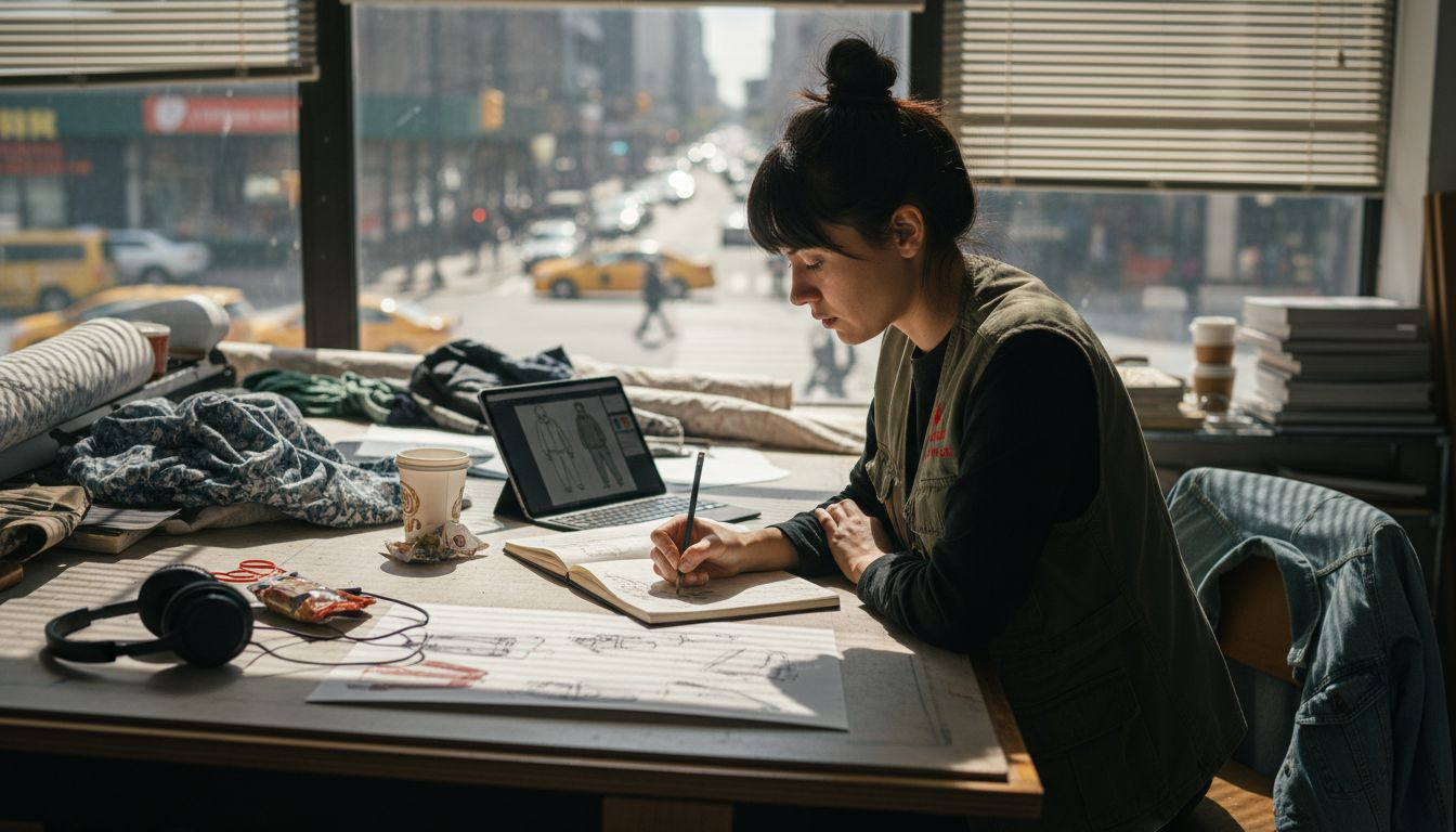 Designer sketching streetwear at studio desk