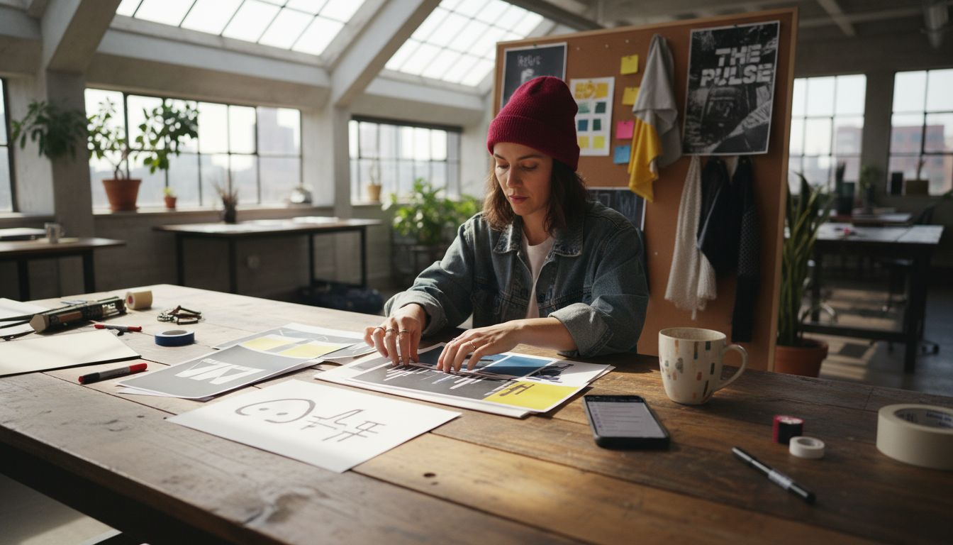 Designer arranging music brand visual elements