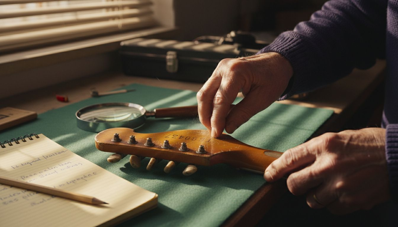 Hands inspecting guitar headstock serial number closely