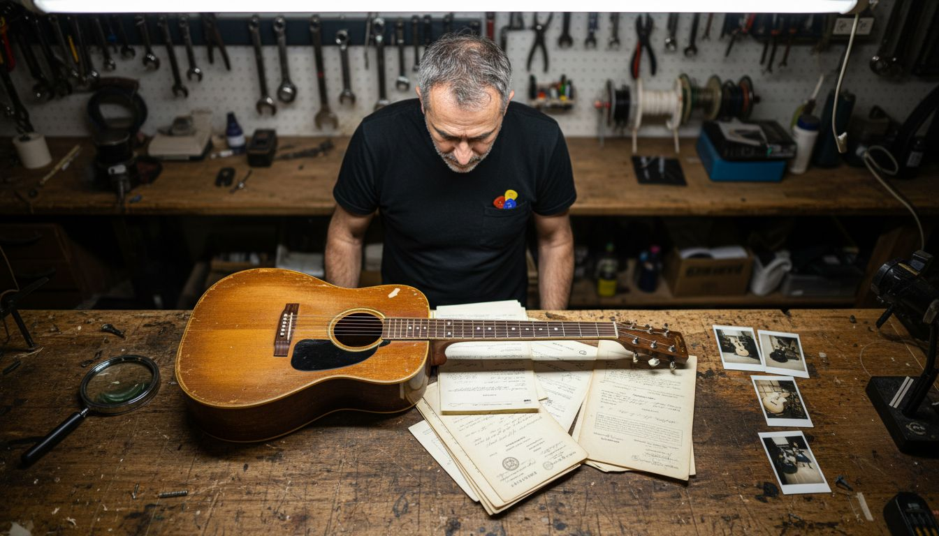 Expert reviewing provenance papers beside rare guitar