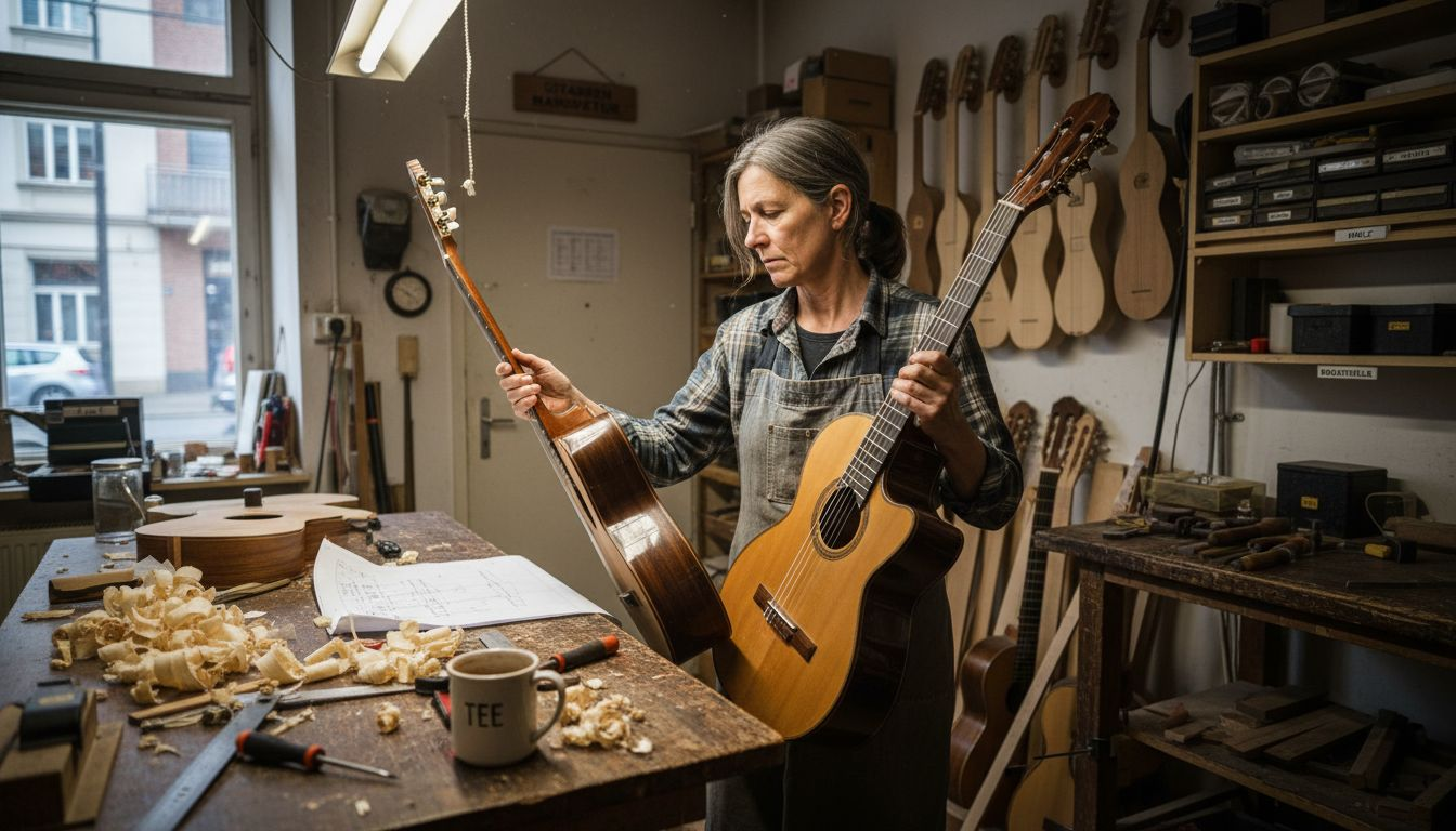 Ein Gitarrenbauer stellt unterschiedliche Bauweisen und Holzarten gegenüber.