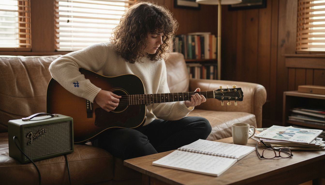 Woman playing vintage Gibson in cozy room