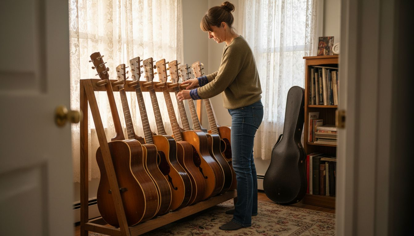 Vintage acoustic guitars displayed in home