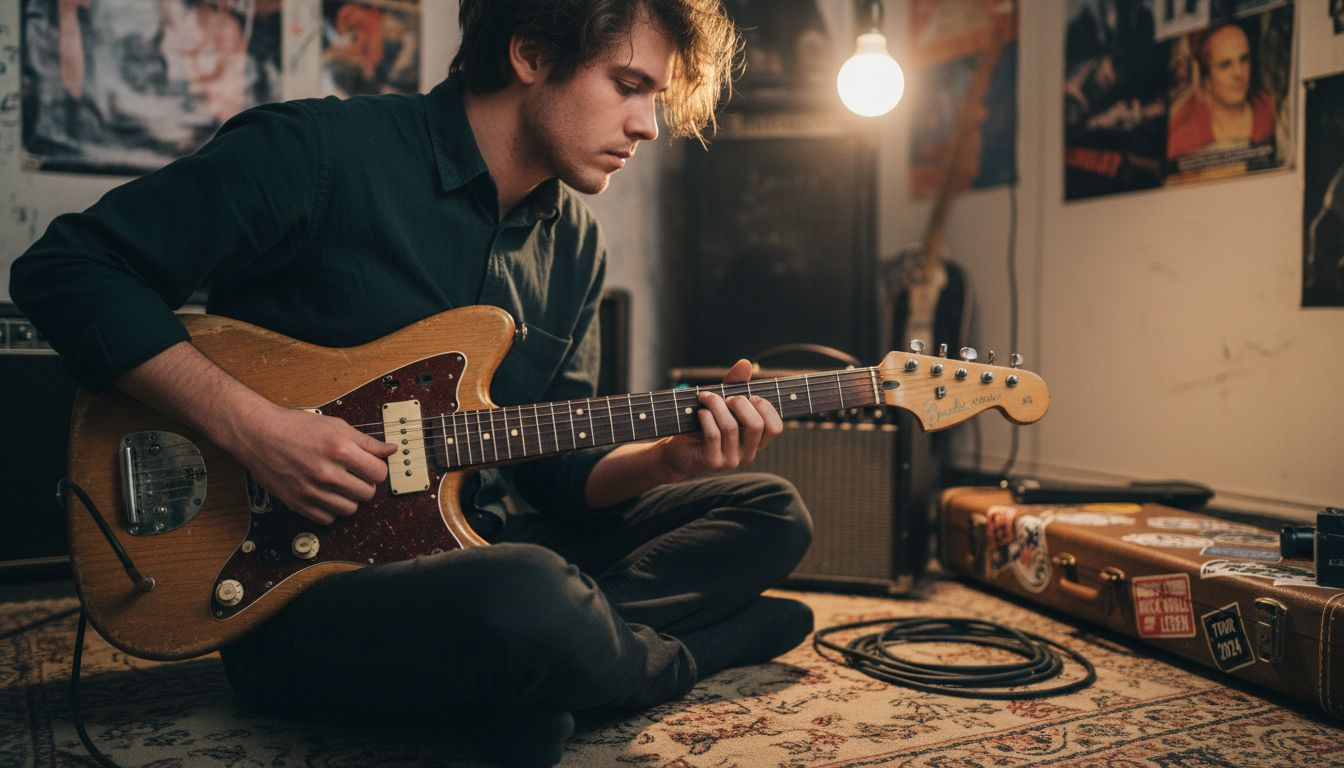Ein junger Musiker legt voller Leidenschaft alte Jazzklänge auf seiner abgewetzten Gitarre hin.