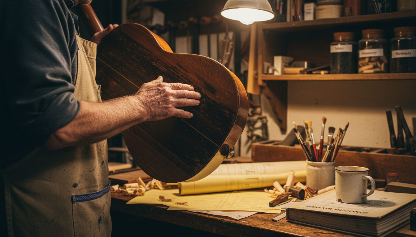 Luthier inspecting vintage guitar’s wood