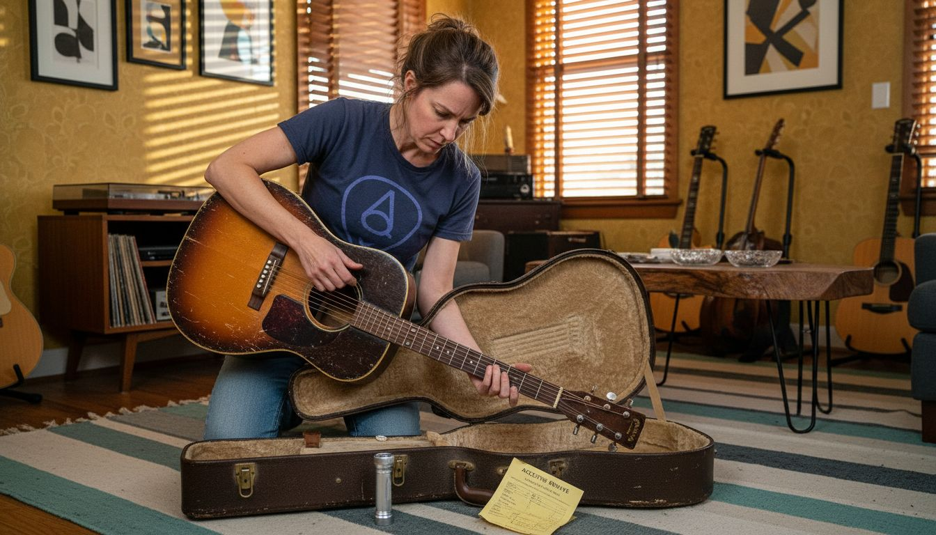 Guitar collector checks vintage acoustic condition