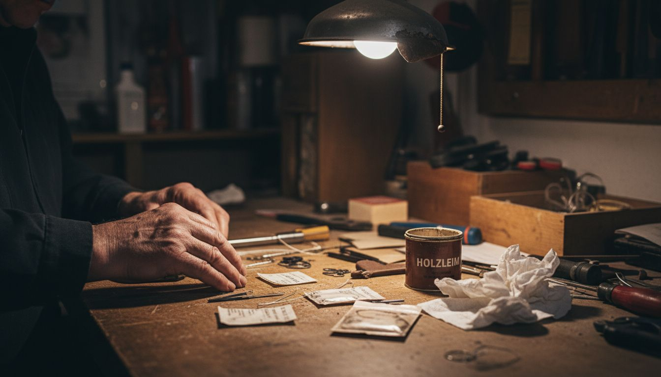 Alles, was man zum Gitarrenservice braucht: Werkzeuge und Saiten griffbereit am Arbeitsplatz.