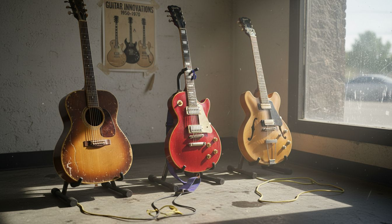 Collection of historic guitars in gallery