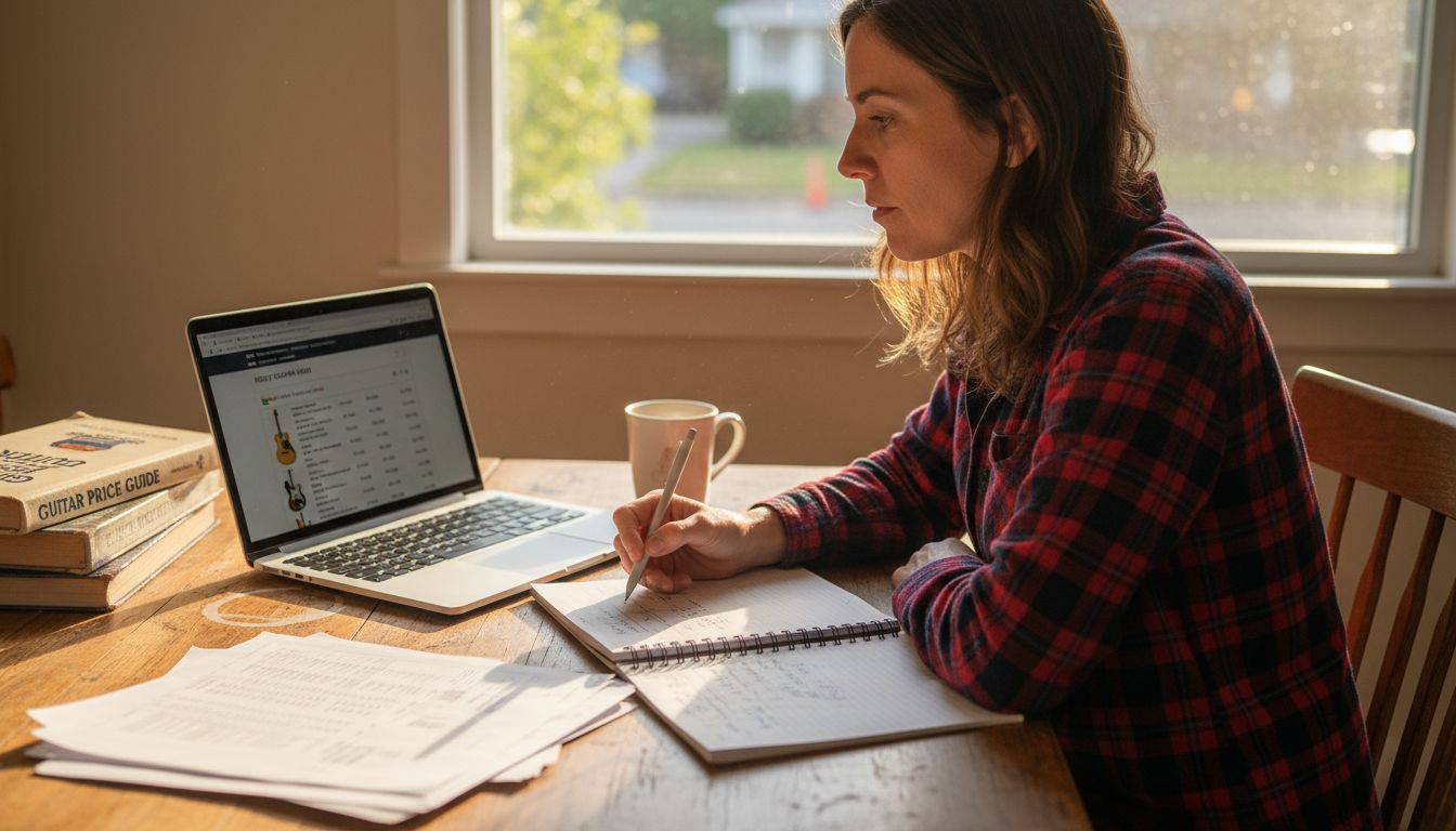 Woman researching guitar sales with laptop spreadsheets