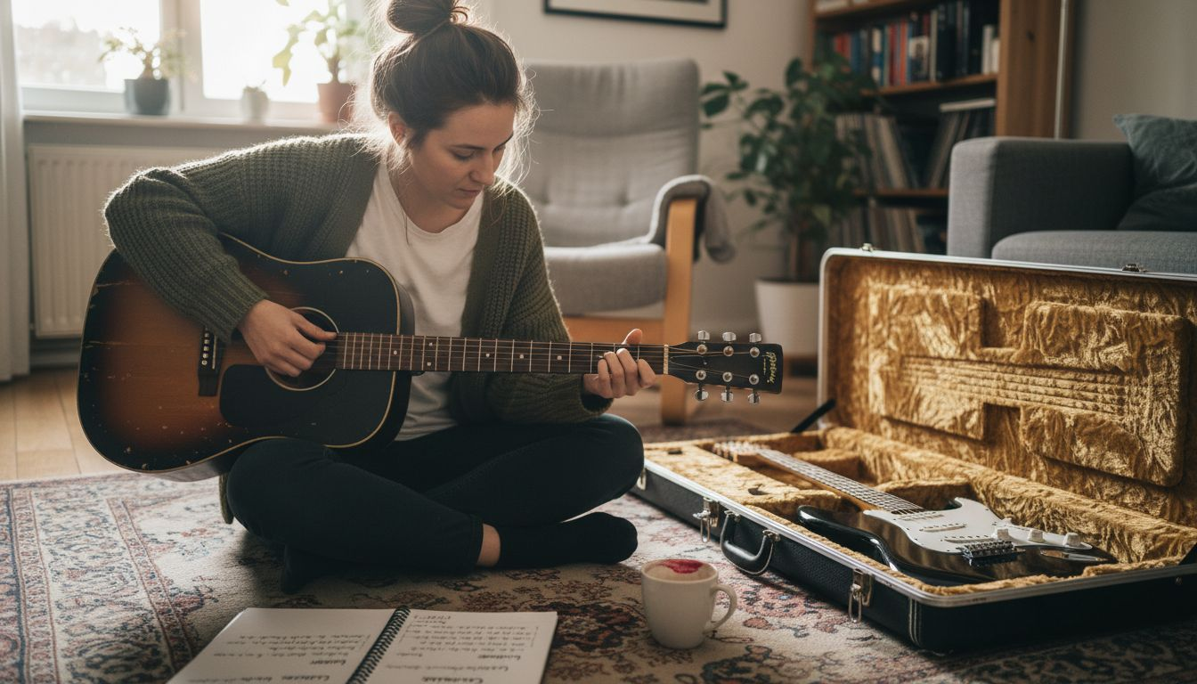 Eine Frau testet verschiedene Gitarren und vergleicht den Klang sowie das Spielgefühl einer Akustikgitarre mit einer E-Gitarre.