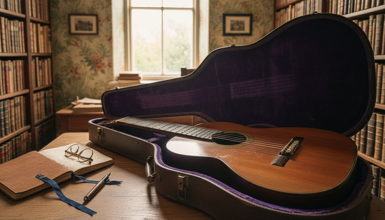 Close-up of antique Torres guitar in vintage study