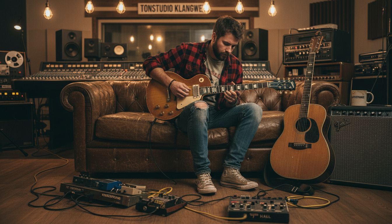 Ein Musiker greift im Studio zur alten E-Gitarre und lässt klassische Sounds aufleben.