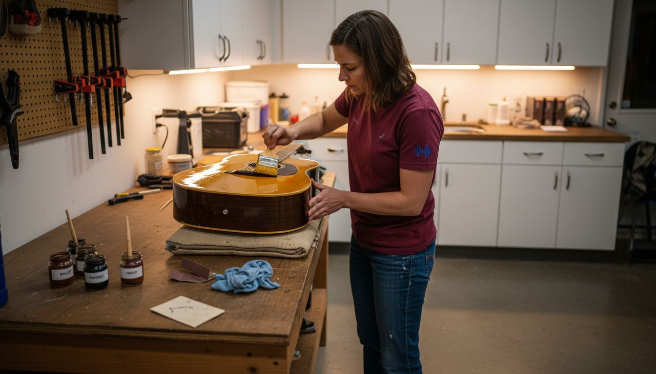 Restorer applying varnish to vintage guitar