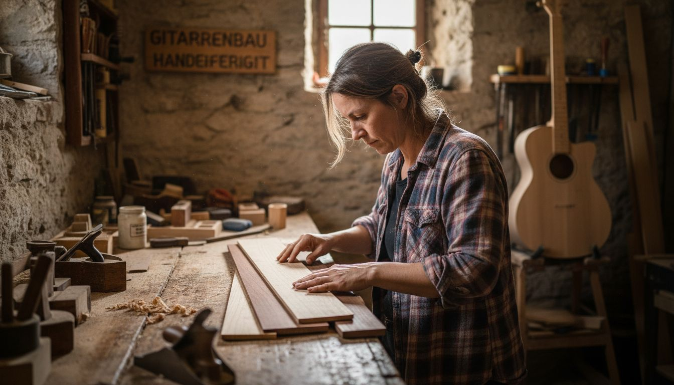Ein Gitarrenbauer sucht mit viel Sorgfalt edle Hölzer aus, um den perfekten Klang und die beste Qualität für seine Instrumente zu erzielen.