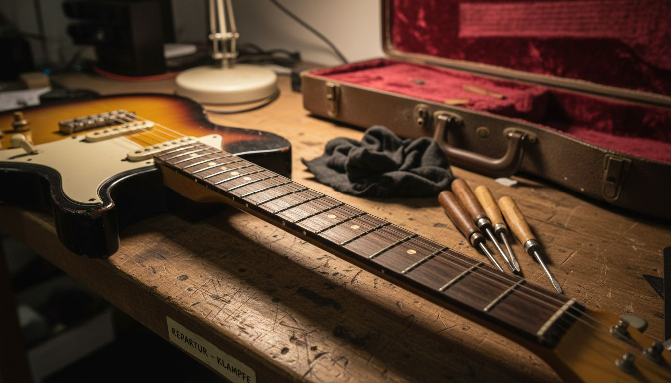 Detailaufnahme eines alten Gitarrenhalsansatzes auf der Werkbank