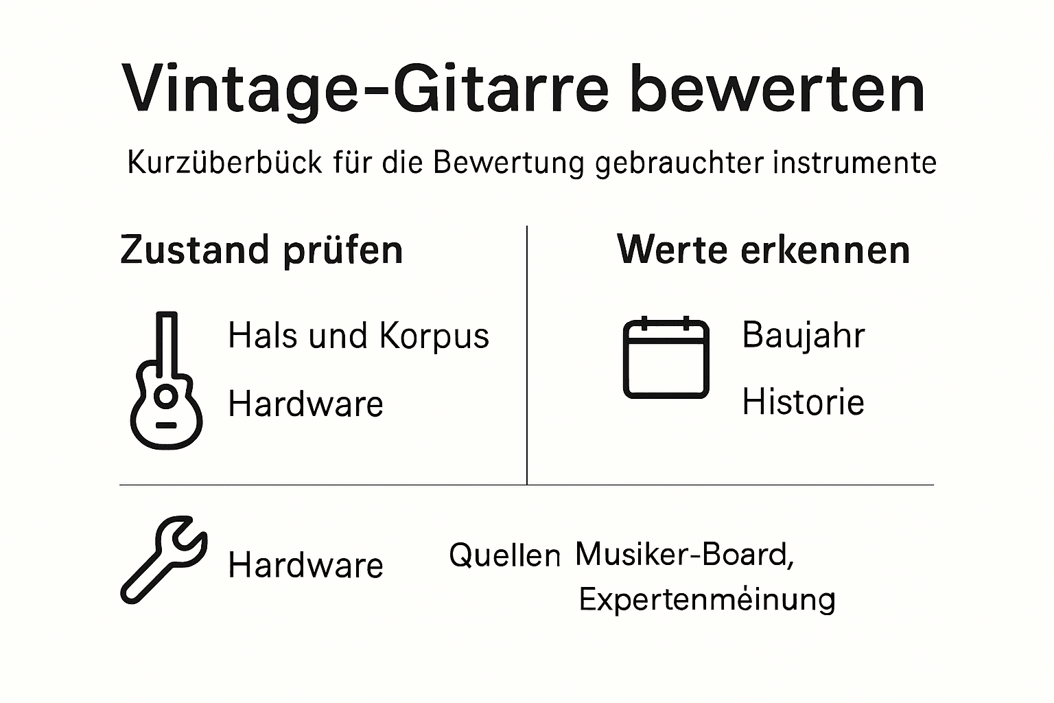 Übersichtsgrafik: Die wichtigsten Schritte zur Bewertung von Vintage-Gitarren auf einen Blick