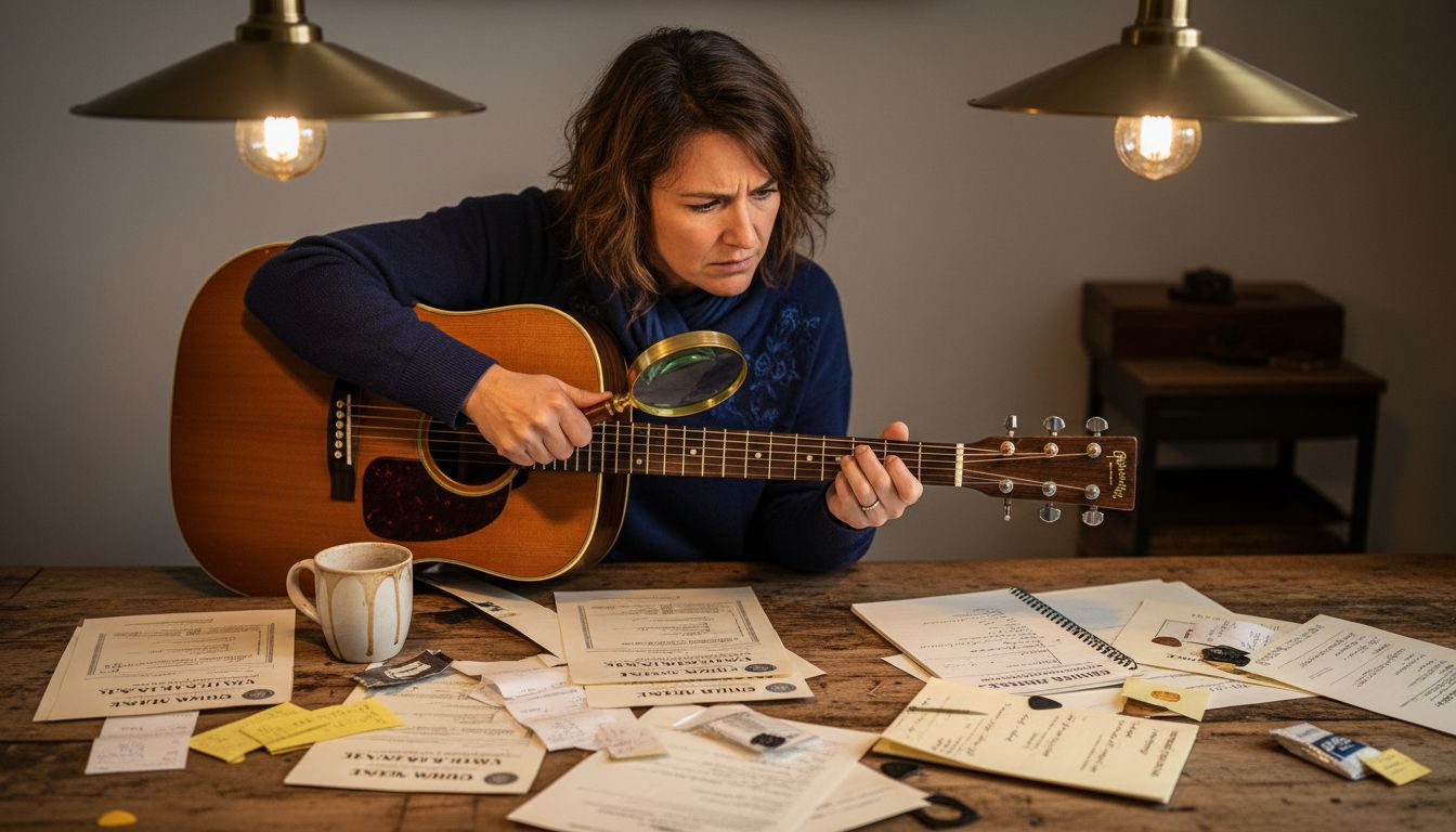 Woman verifying vintage guitar with documents
