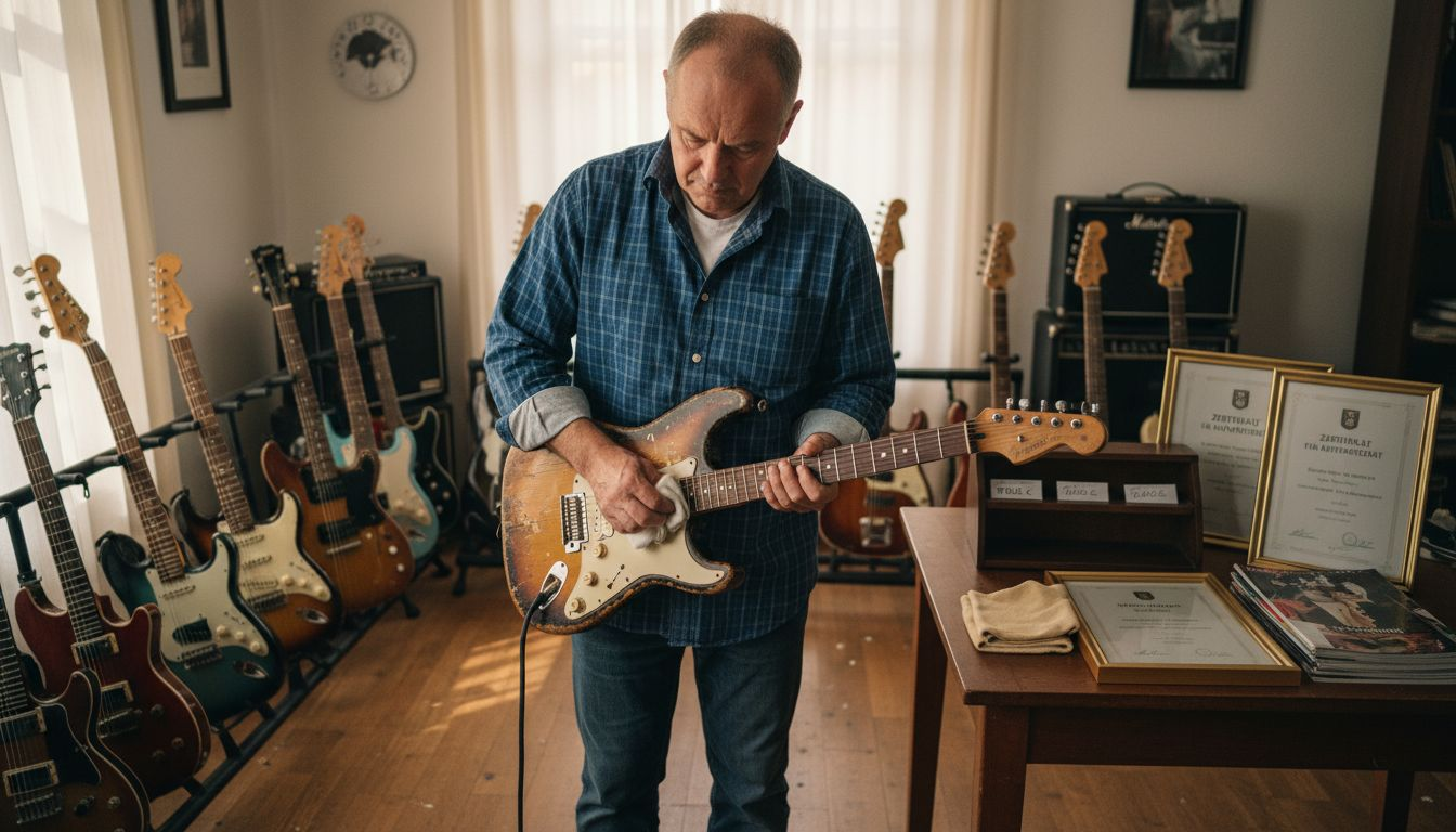Ein Sammler begutachtet aufmerksam eine wertvolle Vintage-Gitarre.