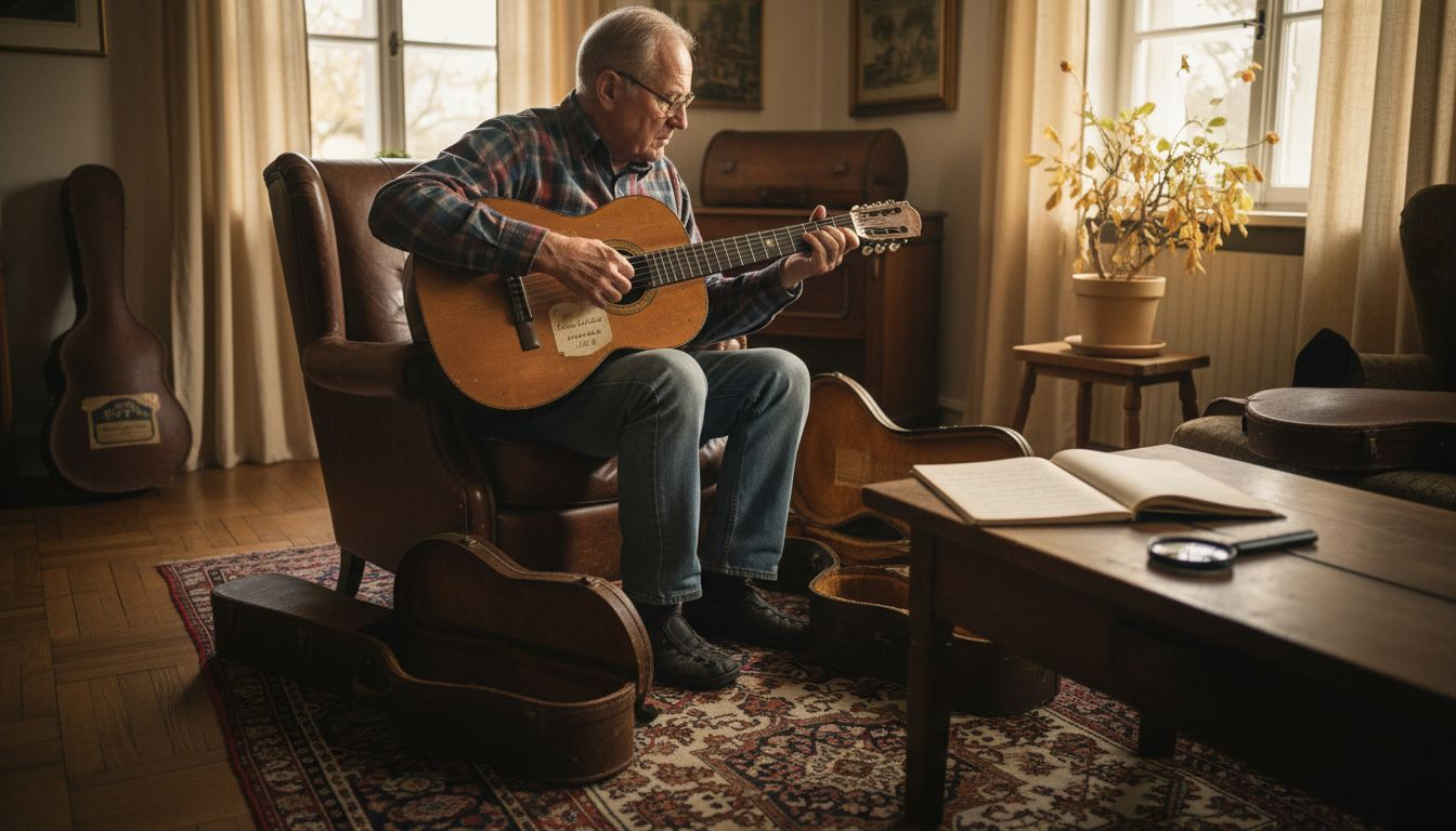 Ein leidenschaftlicher Sammler nimmt seine klassische Gitarre zu Hause genau unter die Lupe.