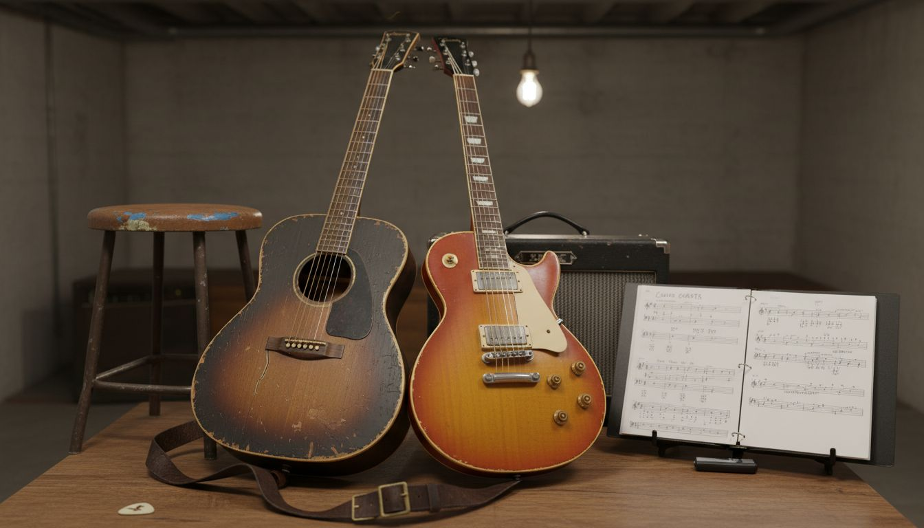 Acoustic and electric vintage guitars side by side