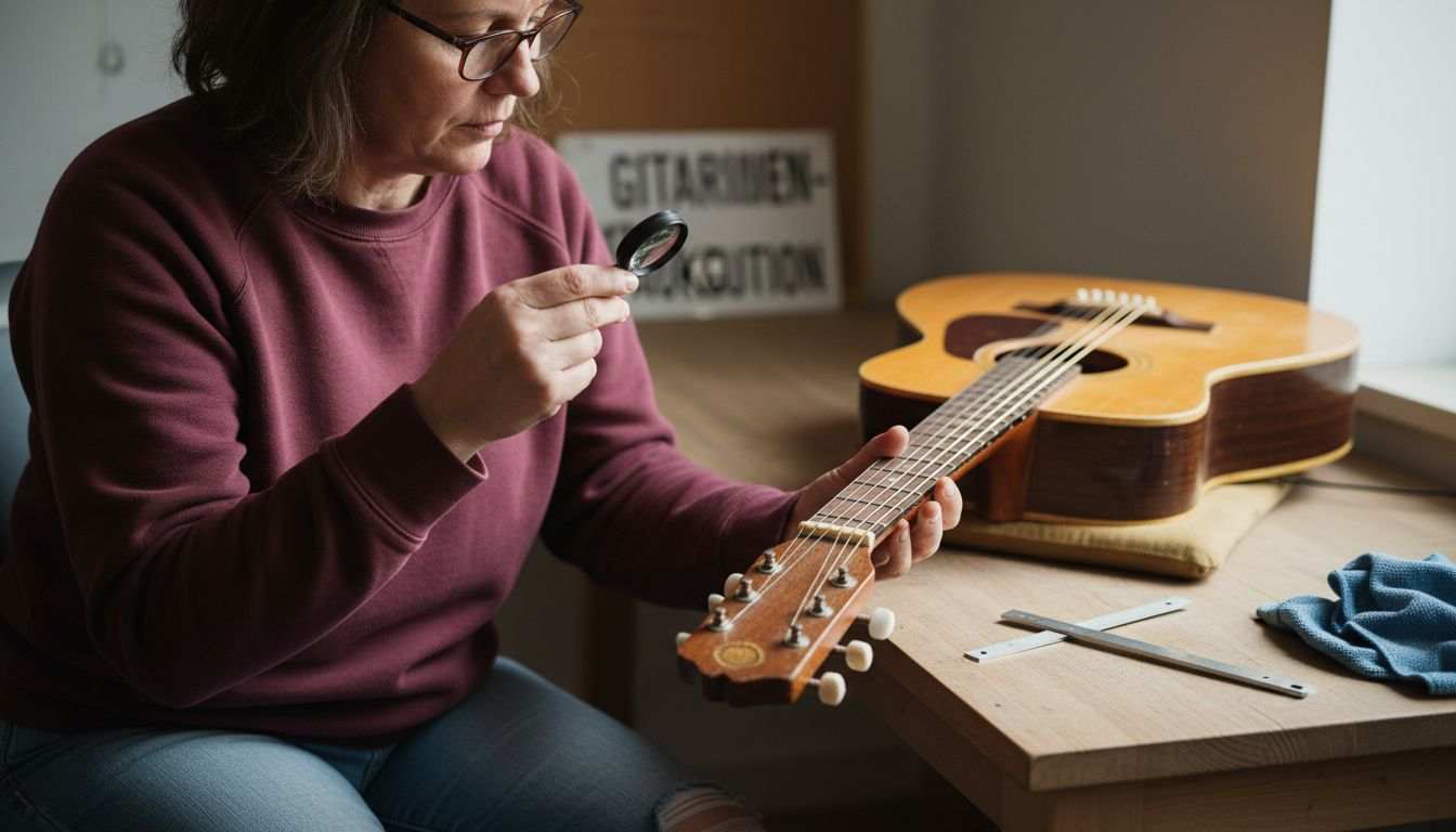 Eine Frau begutachtet eine alte Gitarre ganz genau mit einer Lupe.