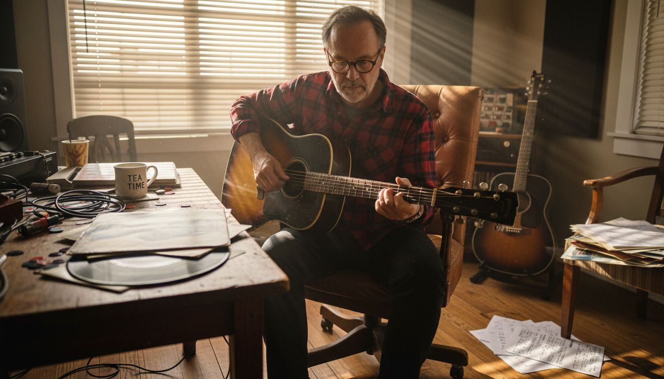 Collector tuning guitar in home music studio