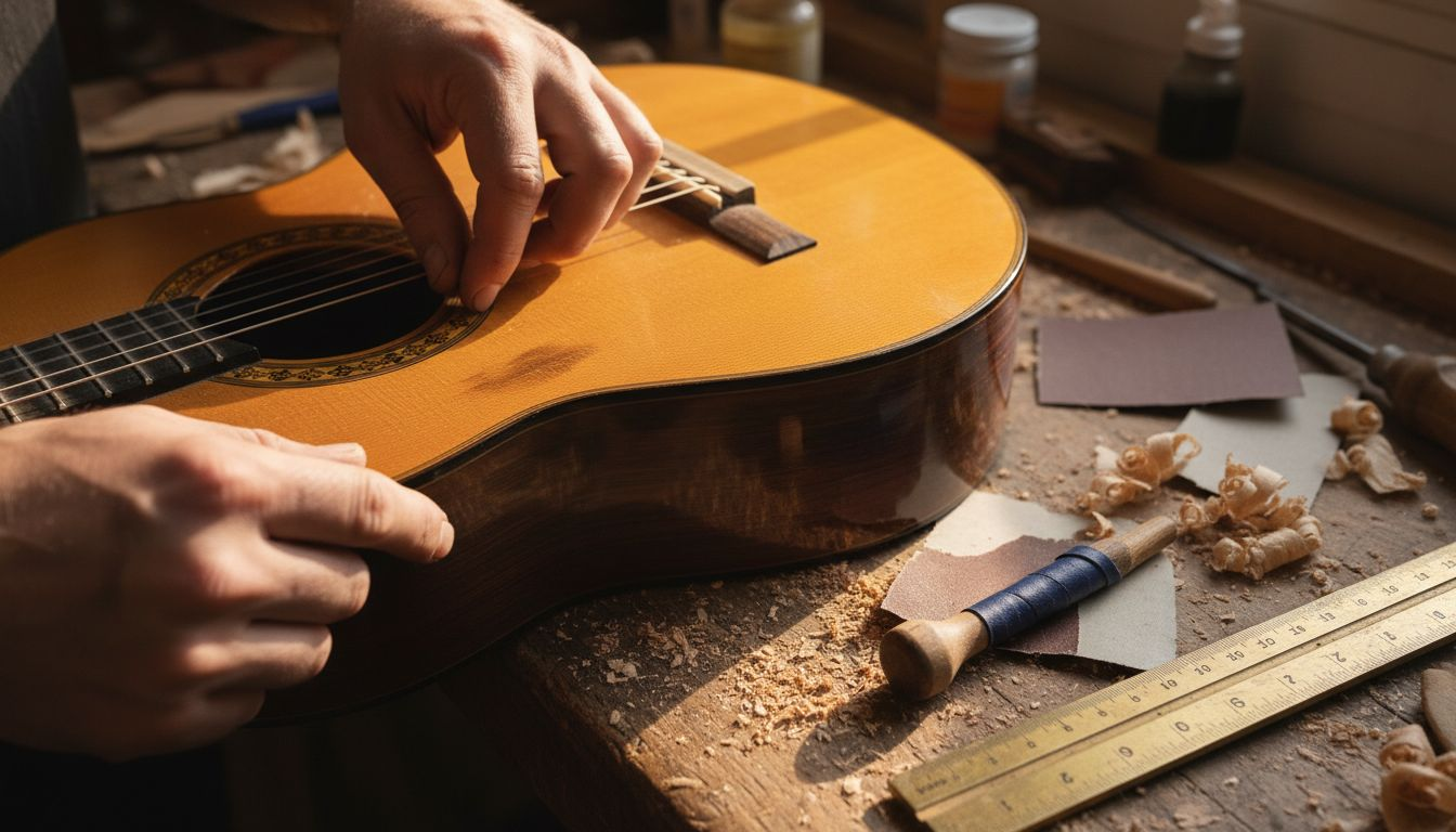 Hands inspecting classical guitar craftsmanship