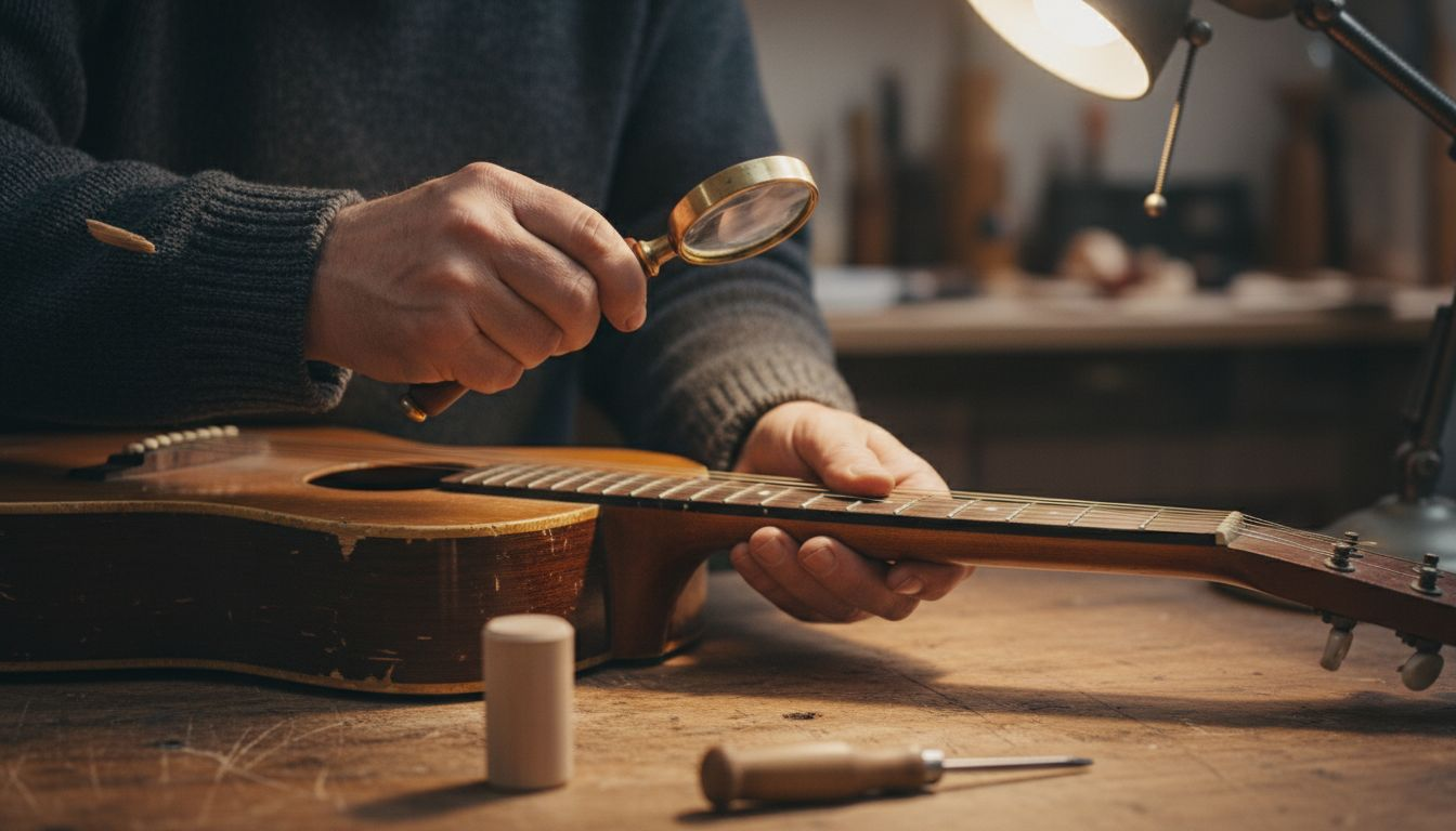 Mit einer Lupe inspizieren geschickte Hände sorgfältig den Gitarrenhals.