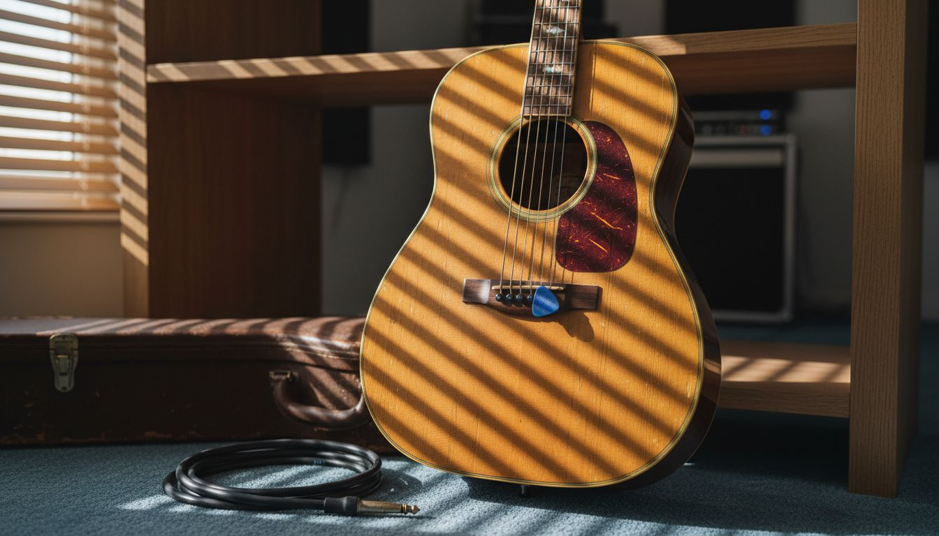 Close-up vintage guitar with aged wood