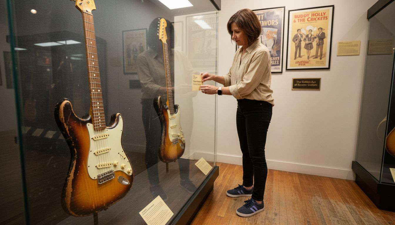 Curator setting up vintage guitar museum display